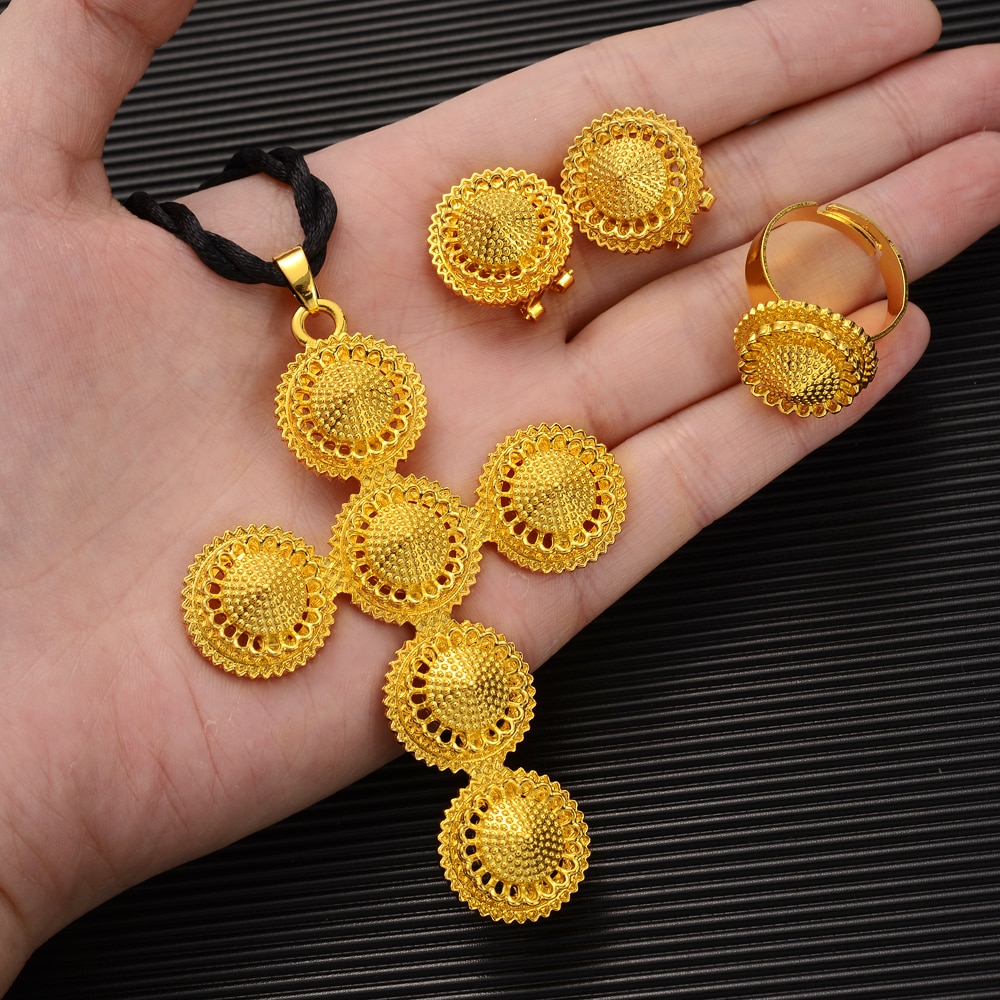Ethiopische/Eritrea Goud Kleur Kruis Ketting Oorbellen Ring Afrikaanse Bruids Sieraden Sets Habesha Party Jewelr