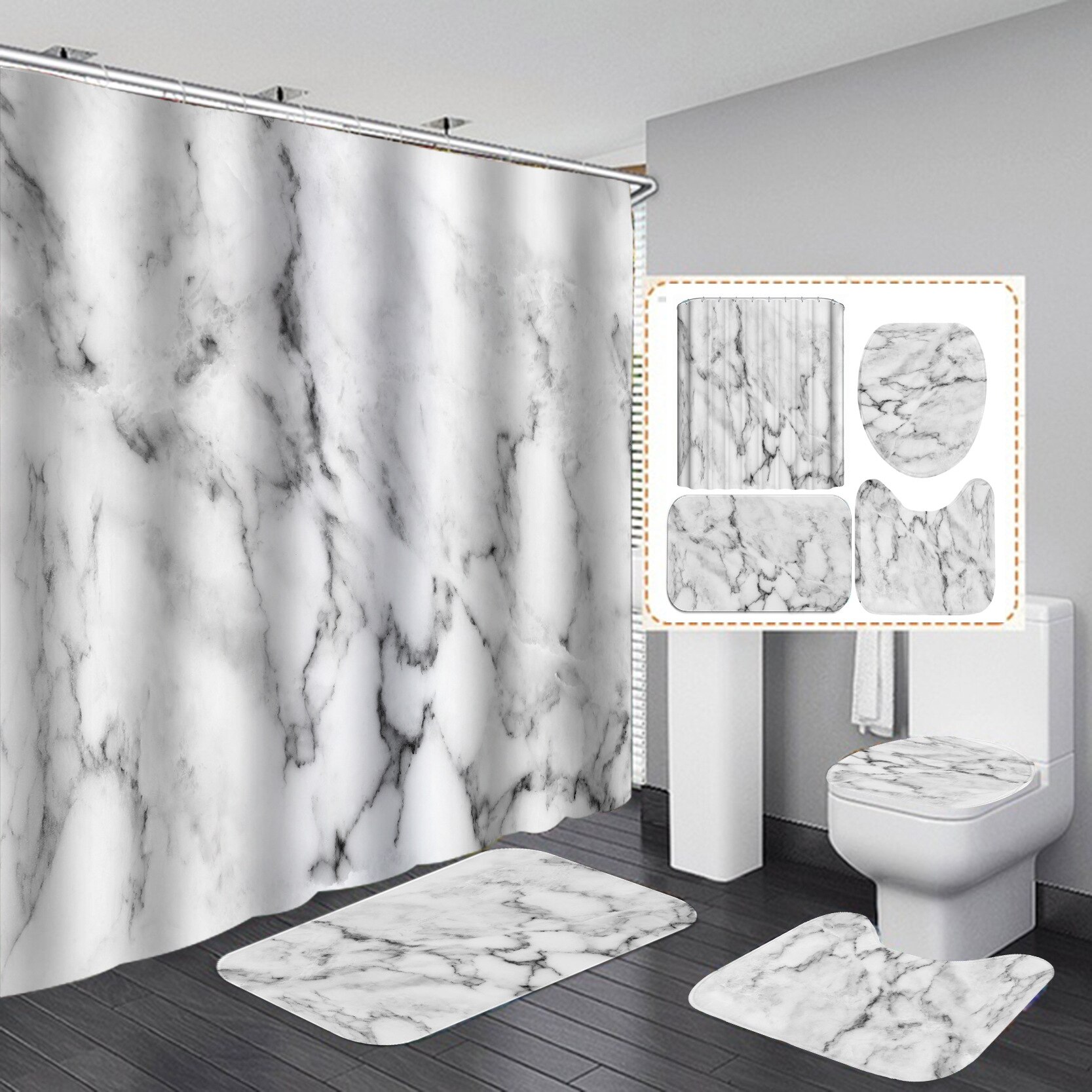 Tenda da doccia in marmo con trama a inchiostro Set da bagno morbido in 4 pezzi lussuoso tessuto in poliestere con stampa grafica con gancio: 1