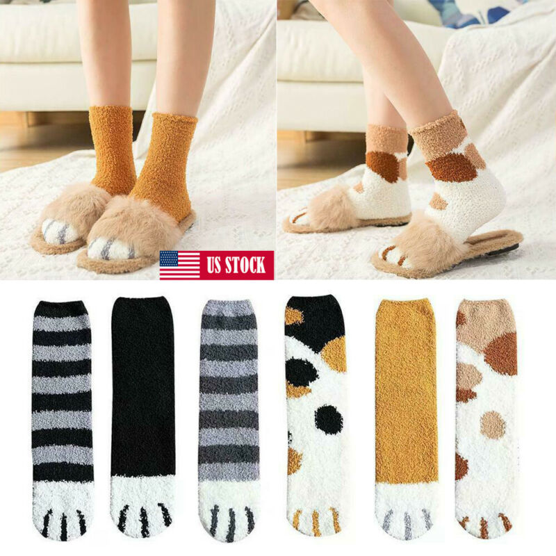 Girls Winter Cat Claws Lovely Thick Warm Sleep Floor Socks Plush Coral