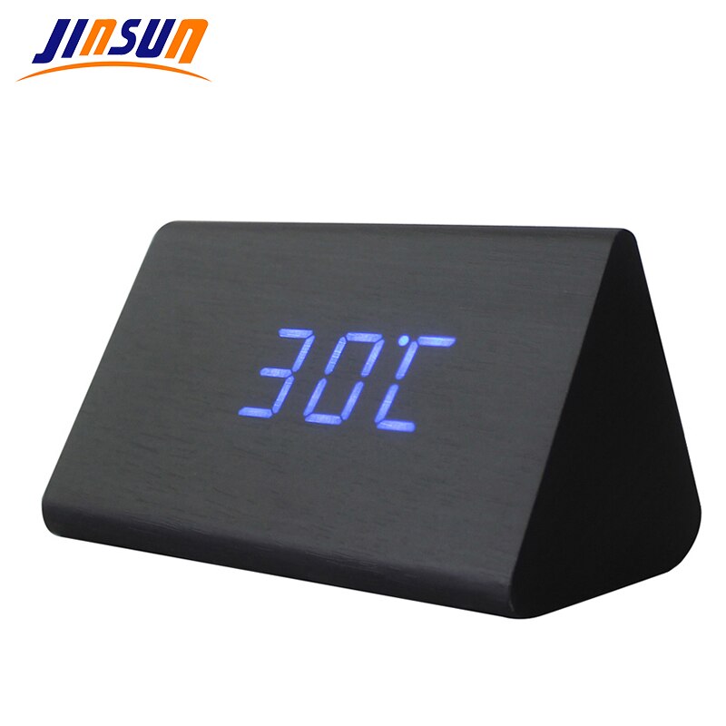 Jinsun Wekker Moderne Houten Thermometer Desk Klokken Led Digitale Klok Geluid Controle Mini Led Tafel Klok