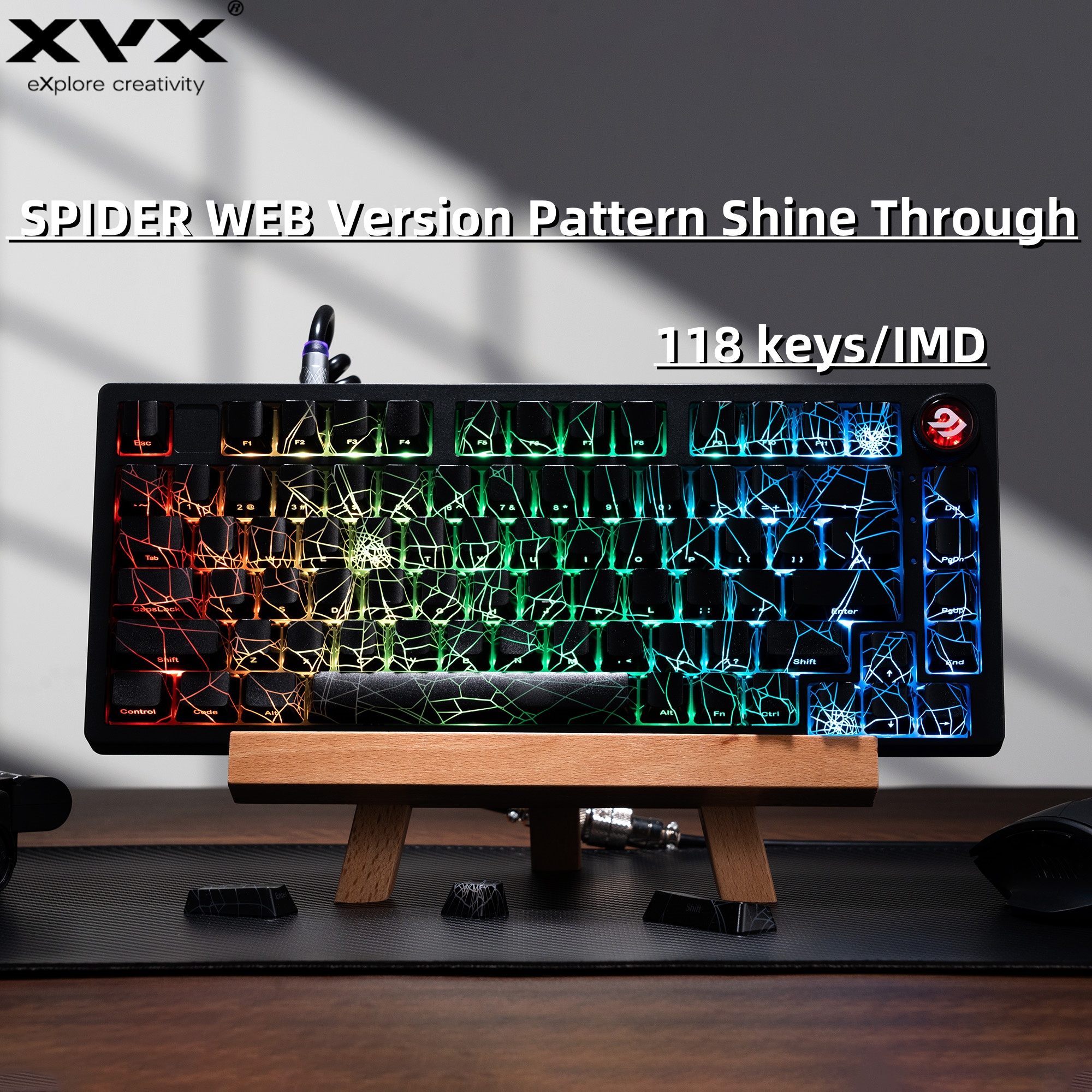 XVX SPIDER WEB Version motif brillant à travers le profil OEM ensemble de capuchons de touches IMD-Tech 118 touches capuchons de touches rétro-éclairage noirs (capuchons de touches uniquement)