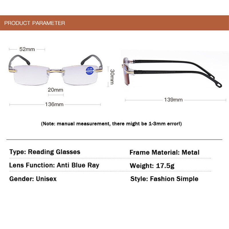 Anti-blauw licht blokkerende frameloze leesbril voor dames en heren vierkante frameloze leesbril dioptrie  +2.0 2.5
