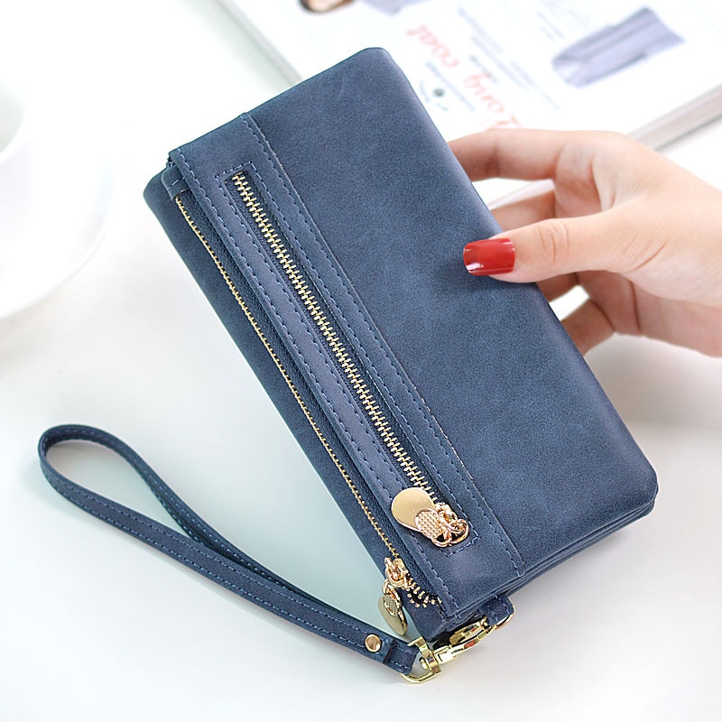 Women Wallets Dull Polish Leather Wallet Double Zipper Day Clutch Purse Wristlet Portefeuille Handbags Carteira Feminina