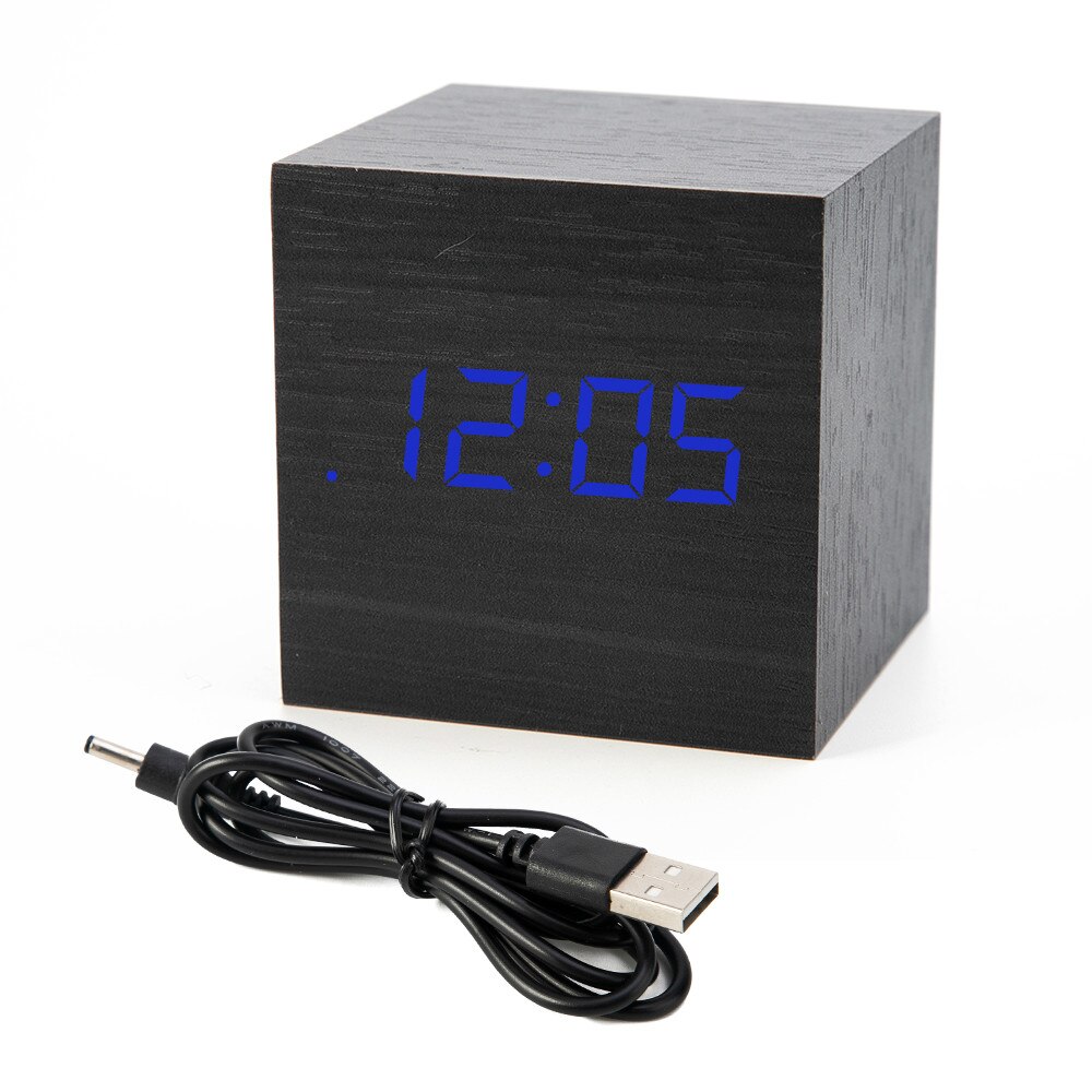 ! mini digital trä led väckarklocka trä retro glöd klocka skrivbord bord dekor röststyrning snooze funktion skrivbord kalender: Svart träblå