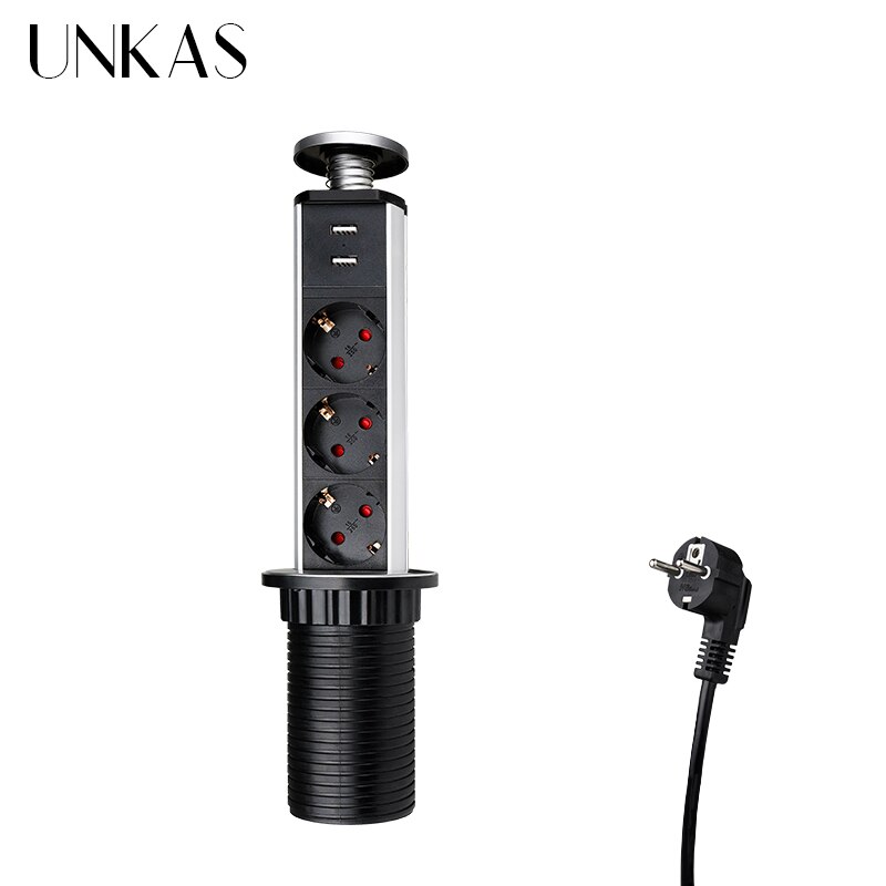 UNKAS 16A PULL POP UP 3 Power EU Socket Port Kitchen Table Desktop Sockets Retractable Countertops French Plug: 3EU Dual USB