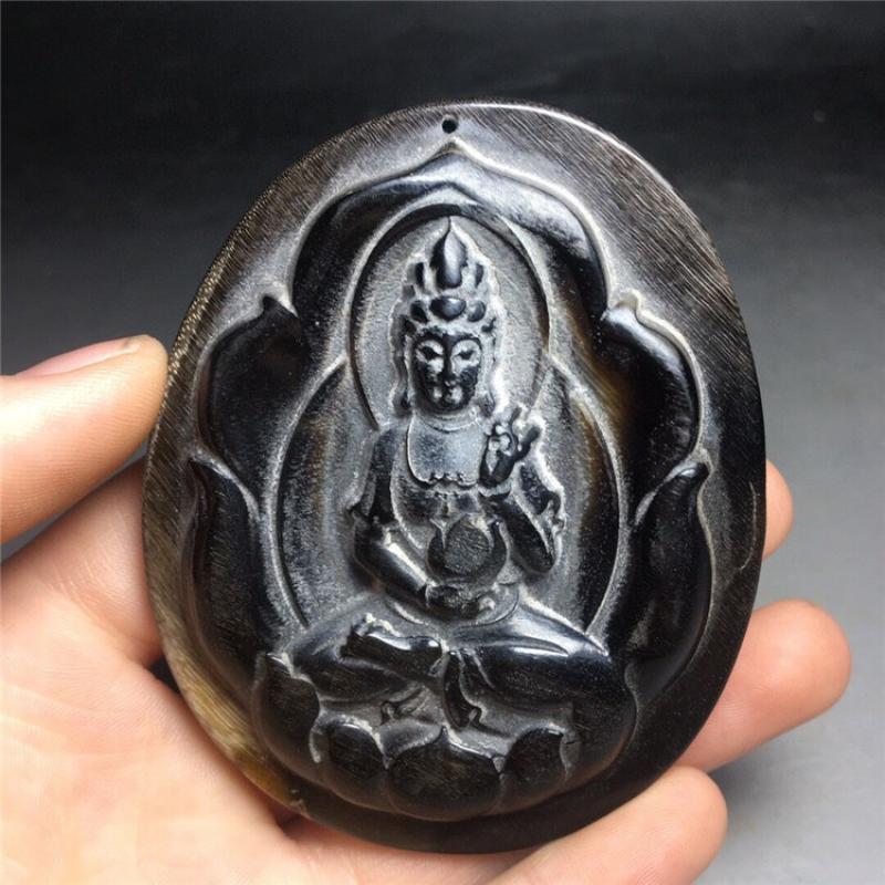 Cuerno de buey antiguo de China tallado a mano, Buda de mil manos, amuleto Guanyin Maitreya, estatua Feng Shui, decoración, colgante Ornamental