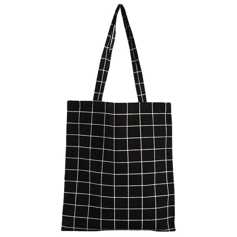 Women Canvas Plaid Eco Reusable Shopping Tote Bag Plaid Shoulder Bag Black White: Black