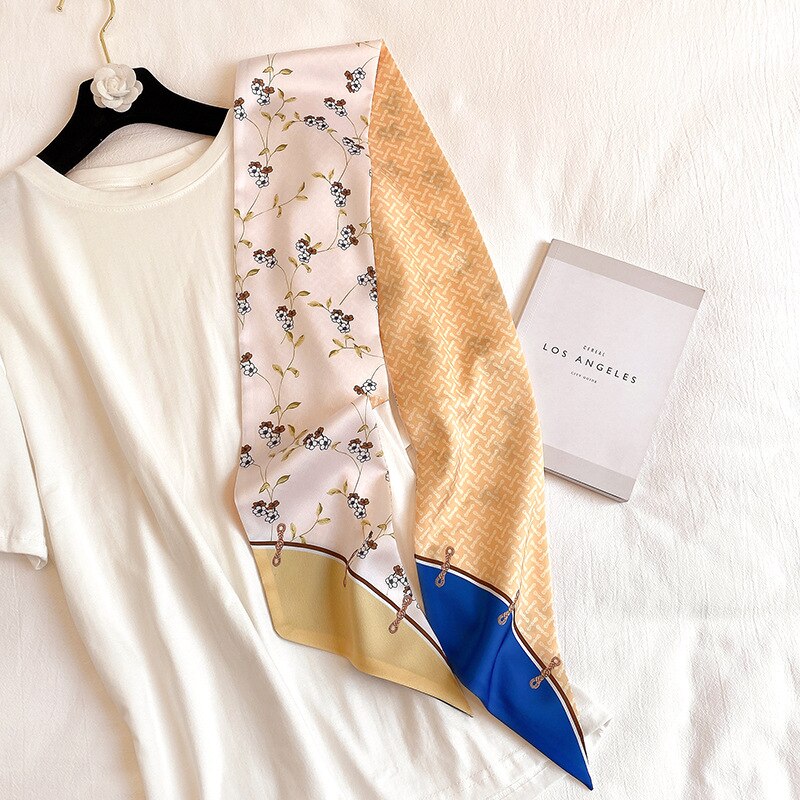 Lang tynd silkehals tørklæde kvinder hårbånd blomsterprint håndtag taske slips halstørklæde foulard kvindelige bånd tørklæder: 02