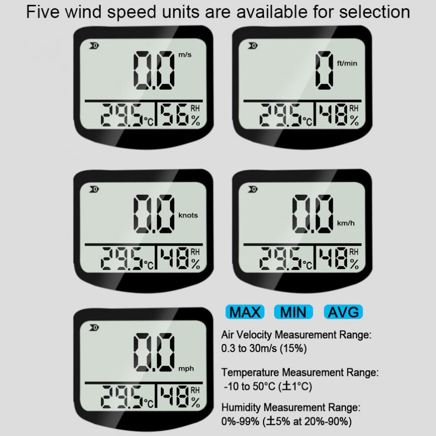 3 In 1 Digital Anemometer Handheld Wind Speed Meter with Temperature and Humidity for Measuring Wind Speed Backlight LCD Screen