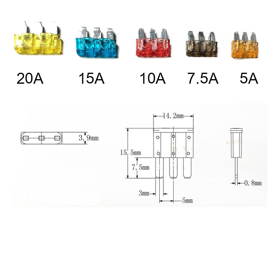 25 stk/parti mikro 3 pins sikring bilsikring til ford focus mondeo dodge jeep 5a 7.5a 10a 15a 20a