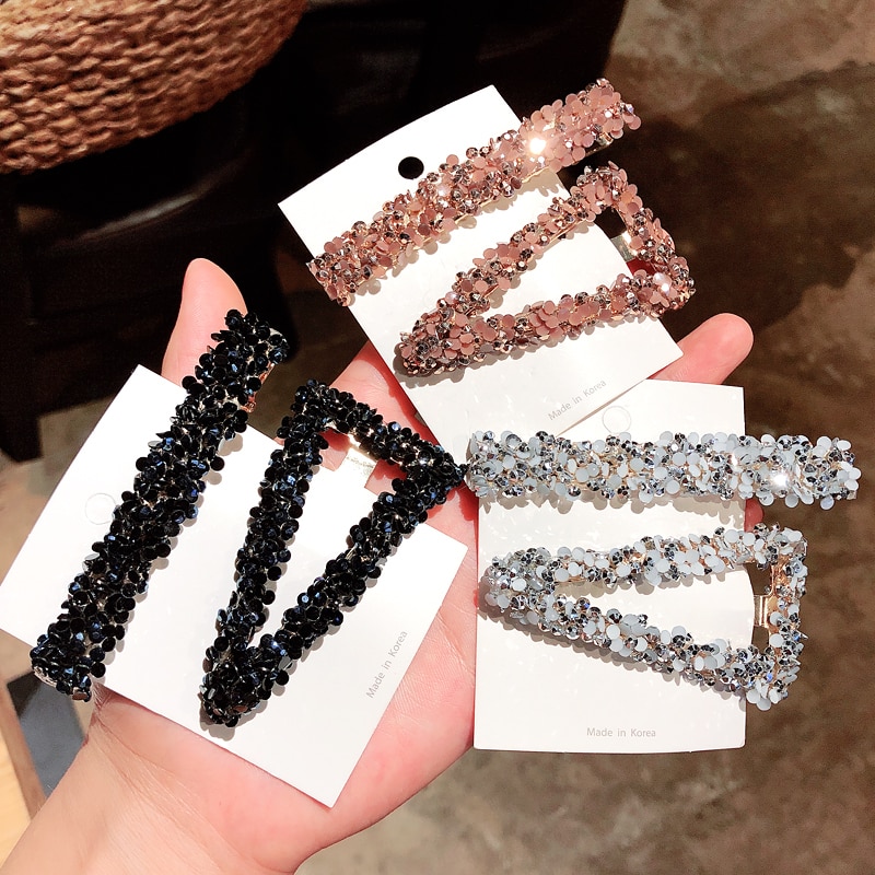 2PCS/SET Korea Shiny Crystal Rhinestones Hairpins Geometric Rectangle Waterdrop Imitiation Pearl Hair Clips Accessories