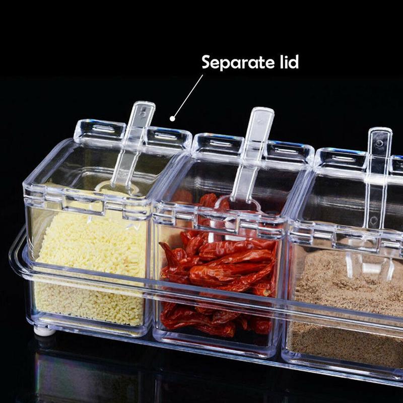 Four Grid Kitchen Seasoning Box Set Crystal Transparent Gadget Salt Kitche Seasoning Seasoning Spoon Sugar Jar Box S9I8
