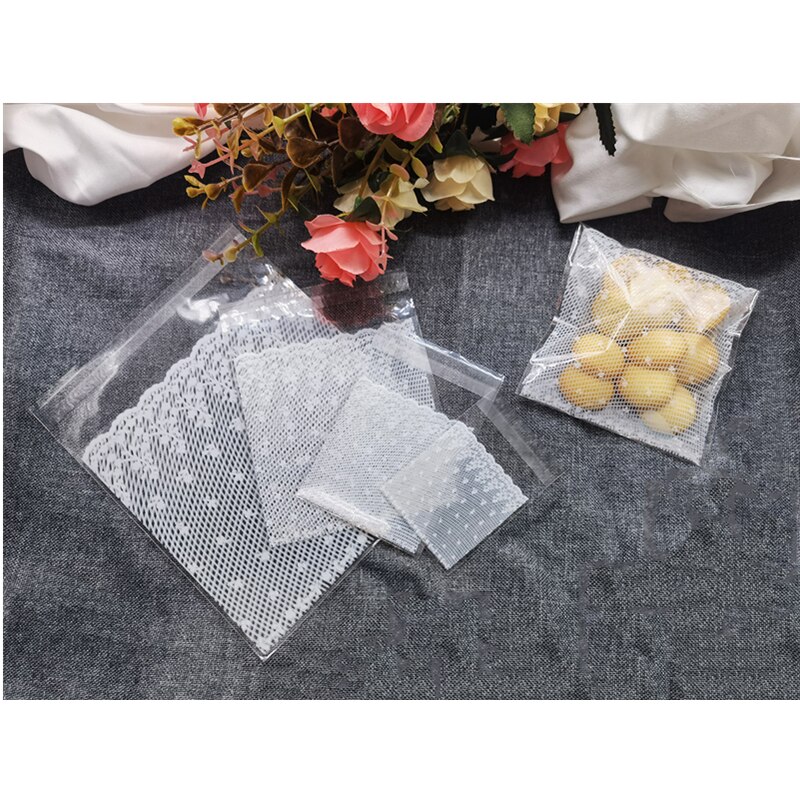 100Pcs Plastic Transparant Wit Kant Candy Cookie Bag Met Diy Zelfklevende Pouch Bruiloft Verjaardagsfeestje