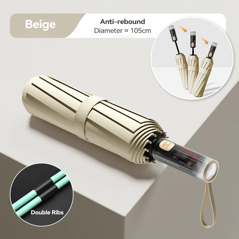 parapluie pliant automatique 2025, cadre coupe-vent 24 renforcés, mécanisme automatique Double couche, Protection UV améliorée: Beige