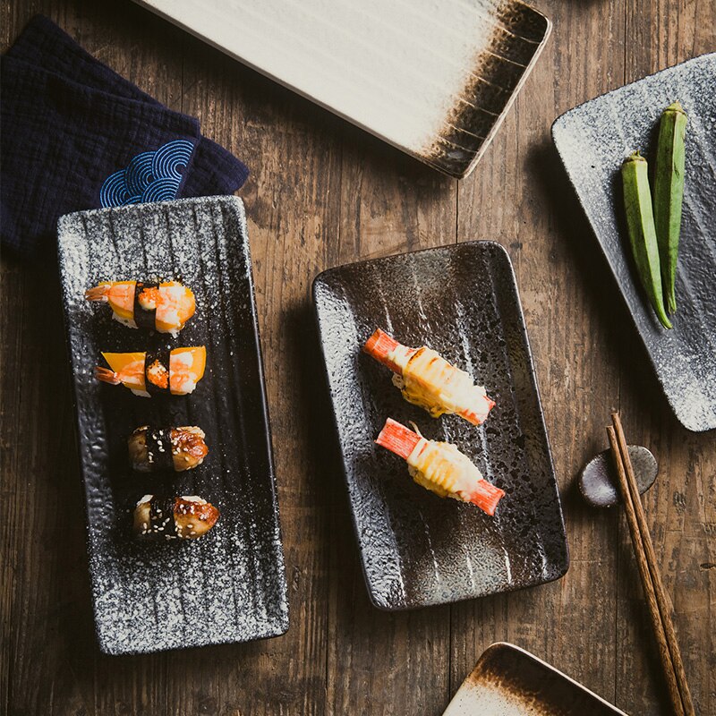 FANCITY plato rectangular para restaurante, plato de cerámica retro, placa con patrón de piedra, plato plano, plato de sushi