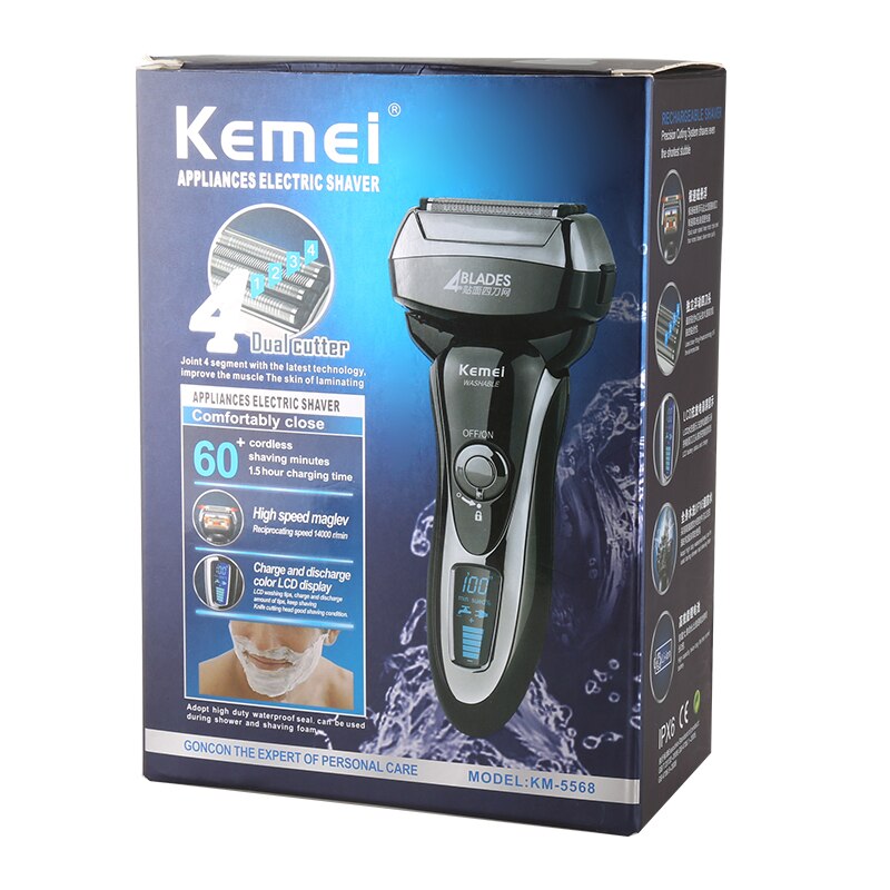 Kemei KM-5568 Wasbare 4 Blade Reciprocating Elektrisch Scheerapparaat Mannen Baard Scheermes Gezichtsverzorging Machine Professionele Scheerapparaat Scheerapparaat Trimmer