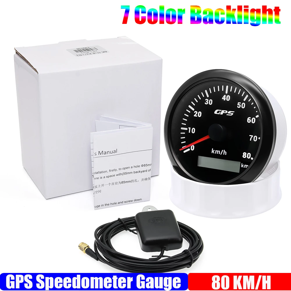 Velocímetro GPS de 85MM para Motor barco marino, retroiluminación de 7 colores, 30 ~ 200 KmH, medidor de velocidad para barco, coche y camión con antena GPS personalizada: Negro