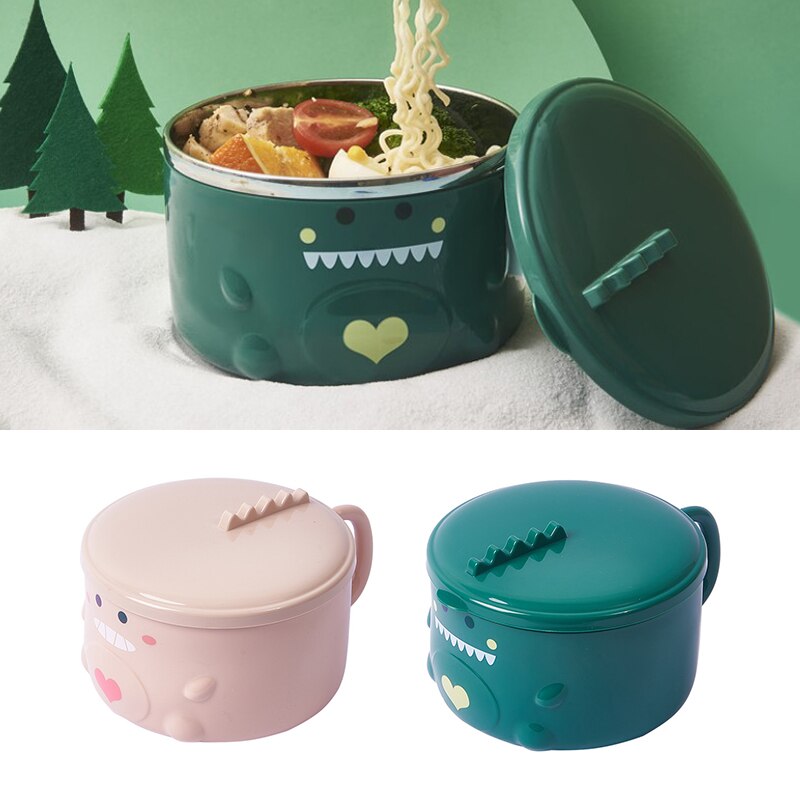 Bol à nouilles Ramen dinosaure Kawaii, bol à salade de fruits avec couvercle en acier inoxydable