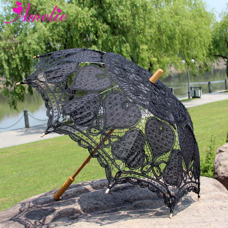 Metallic Thread Silver Battenburg Lace With Black Embrodiery Heart Fabric Wedding Lace Parasol Umbrella