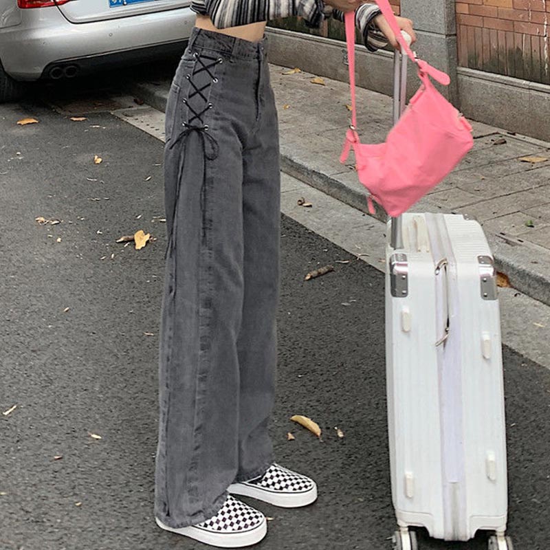 Jean gothique taille haute pour femme, pantalon en Denim, à jambes larges, à lacets sur le côté, Harajuku Y2K, Streetwear, droit: XXL