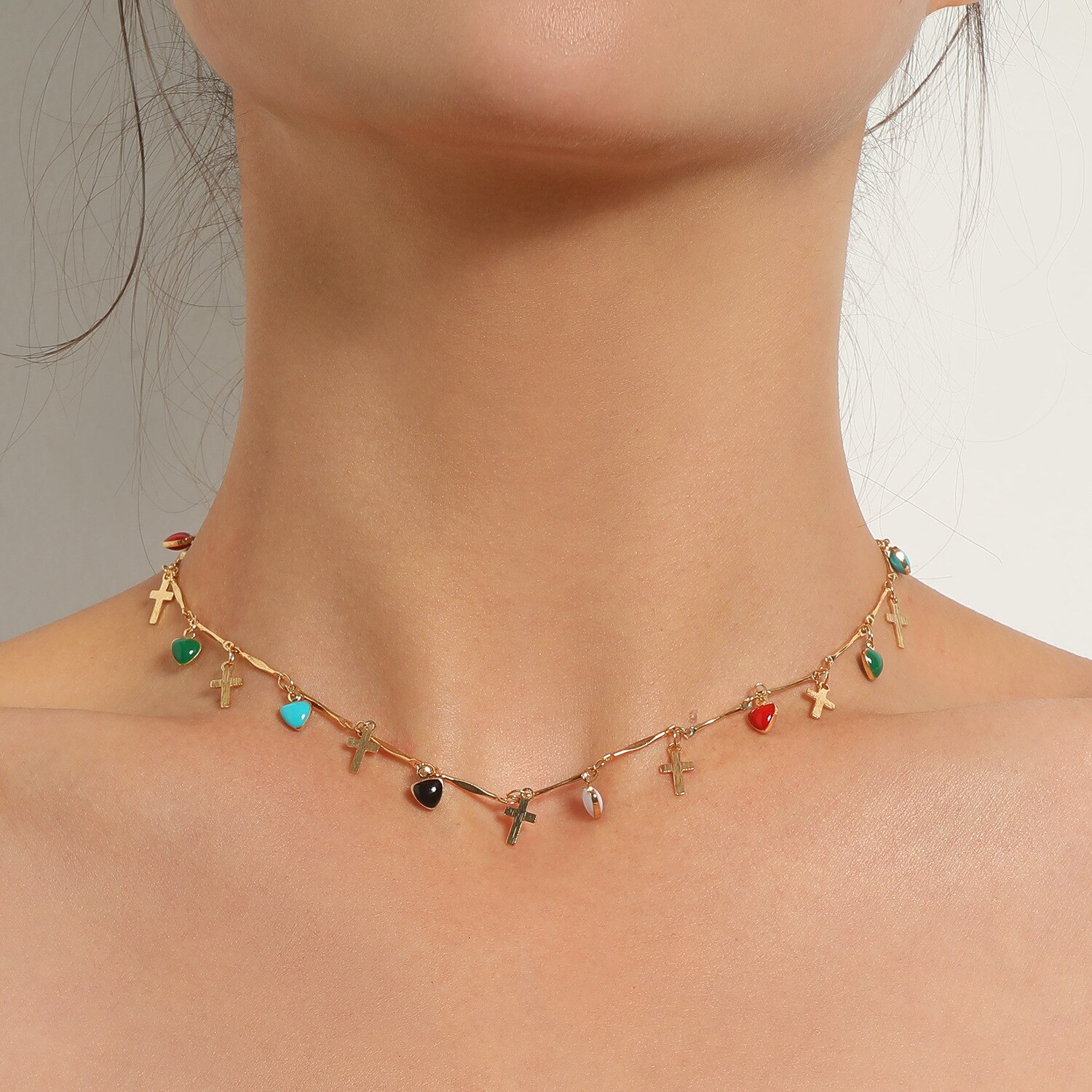 Bohemian Drip-Geglazuurd Liefde Cross Ketting Voor Vrouwen Multi-Layer Kleurrijke Kwasten Crystal Hanger Choker Ketting Mode-sieraden