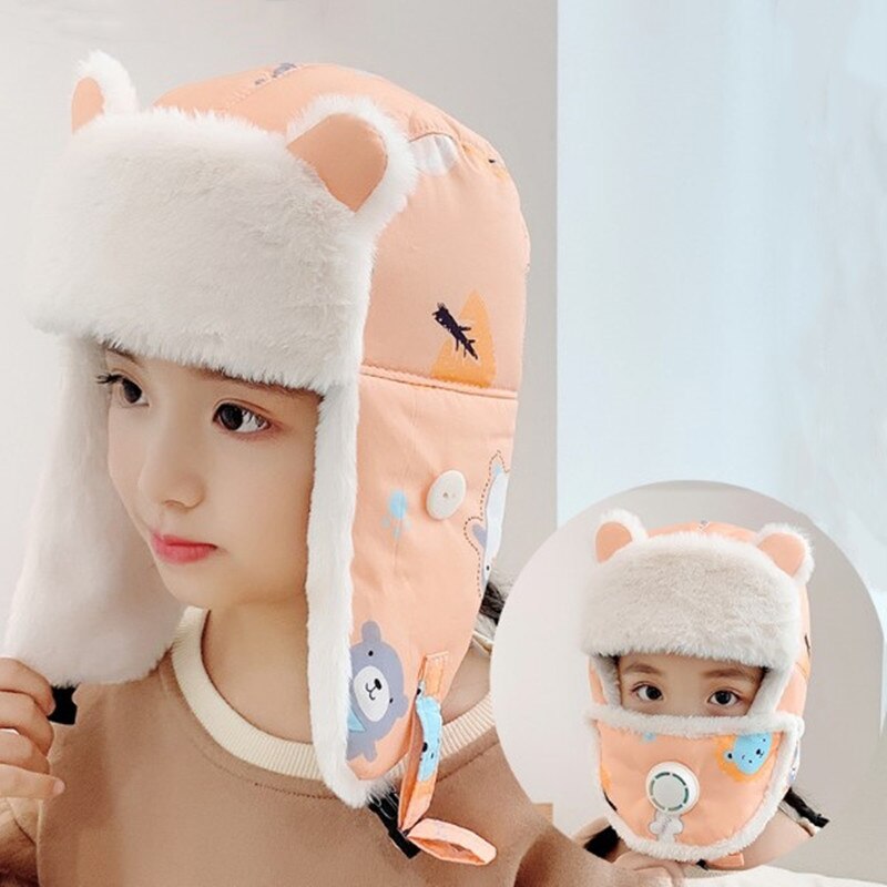 Plus Fleece Bomber Cap Child Winter Keep Warm Girl Cute Cartoon Boy Windproof Ear Protection Face Mask Gorra