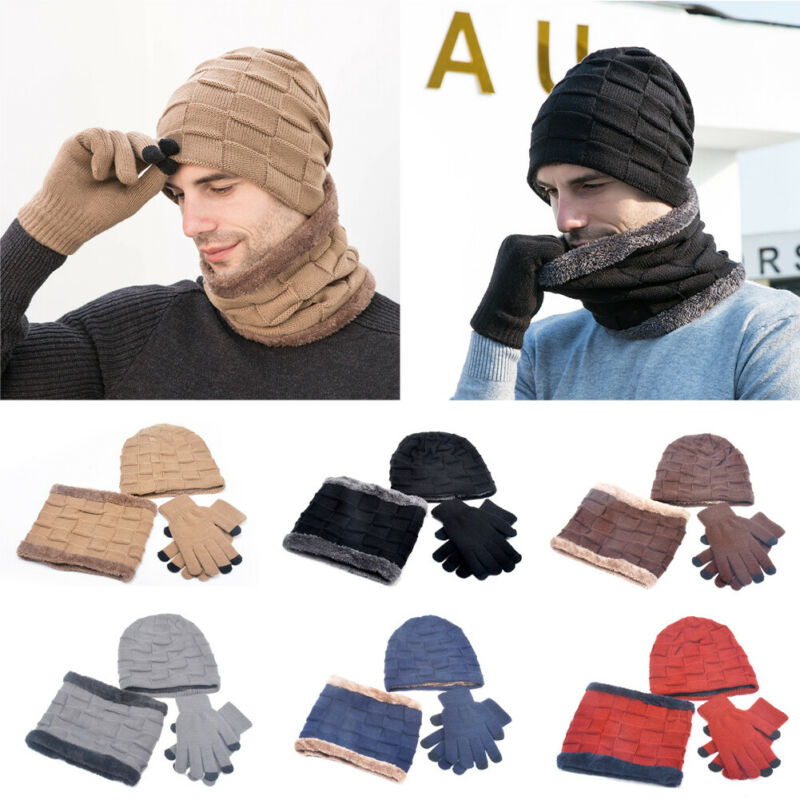 Men Women Winter 3 Piece Set Knit Beanie Hat Scarf Touchscreen Gloves Warm Suit