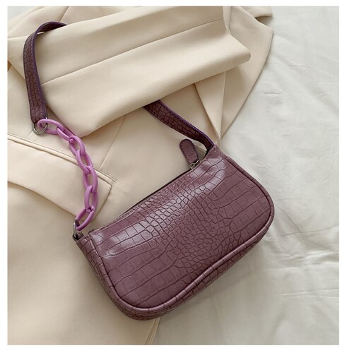 Women Crocodile Pattern Handbag Retro Metal Round Buckle Handbags Shoulder Bag Underarm Bag Crossbody Bags Totes: Purple 