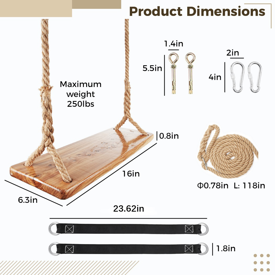 Columpio de árbol de madera de 250 libras, columpio de madera resistente con cuerda de cáñamo ajustable, asiento de columpio colgante impermeable para exteriores para niños