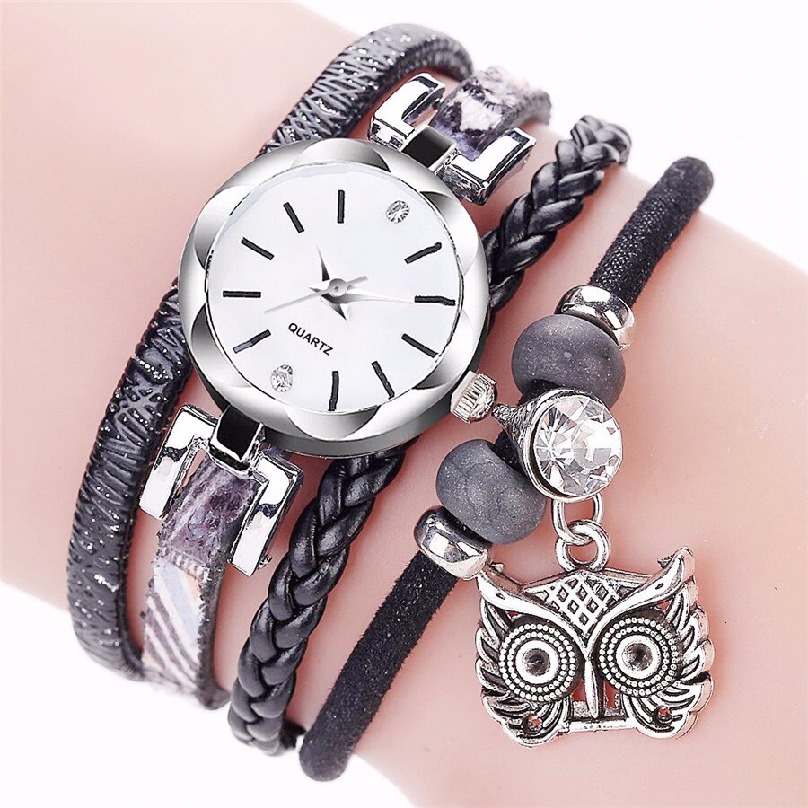 Montre Bracelet avec pendentif hibou pour femmes, décontractée, à Quartz, à la: black