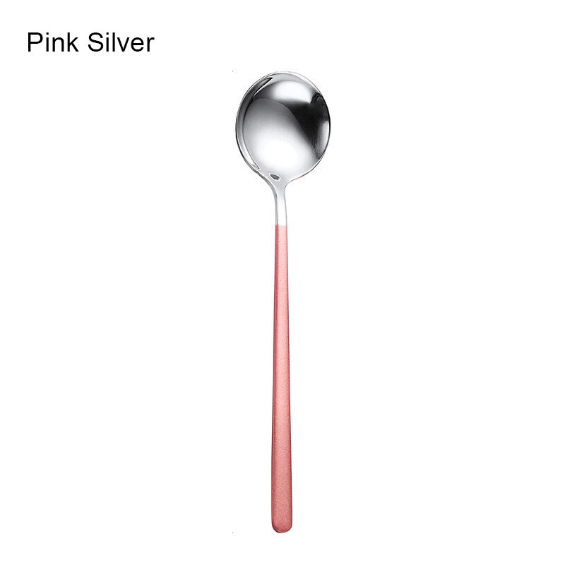 Stainless Steel Spoon Korean Style Spoon Household Exquisite Long Handle Spoon Soup Bibimbap Spoon JW: Pink silver