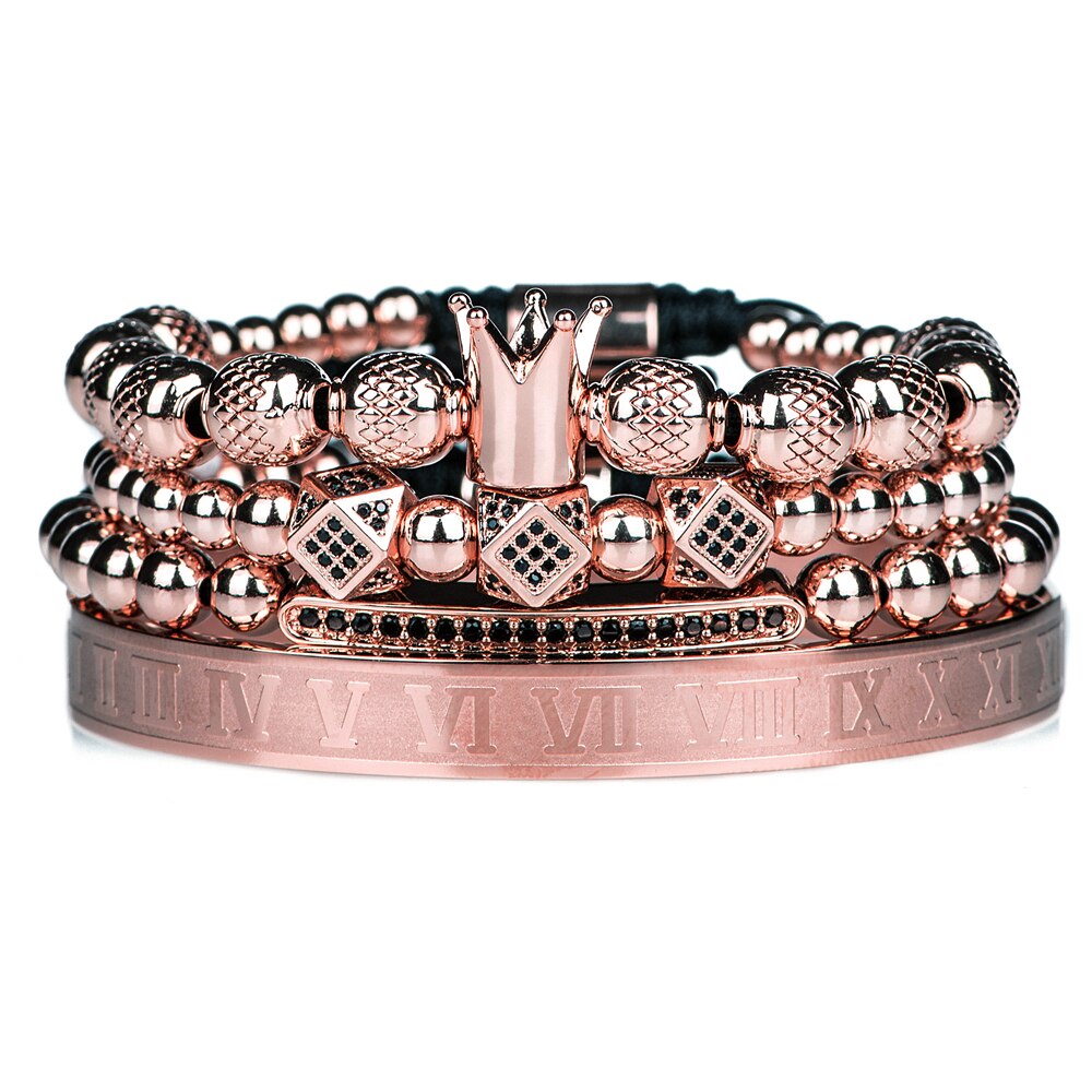 Handgemaakte Vlechten Armband Gouden Hip Hop Mannen Gepolijst Crown Romeinse Cijfer Armband Luxe Sieraden Dropshiping: Rose Gold set-GMH8