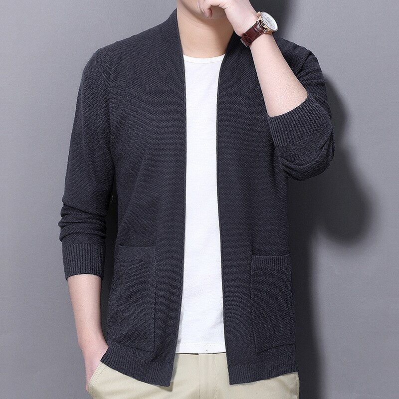 Homme chandail tricoté hommes Cardigan veste beau mince couleur unie chandails: Gris / M