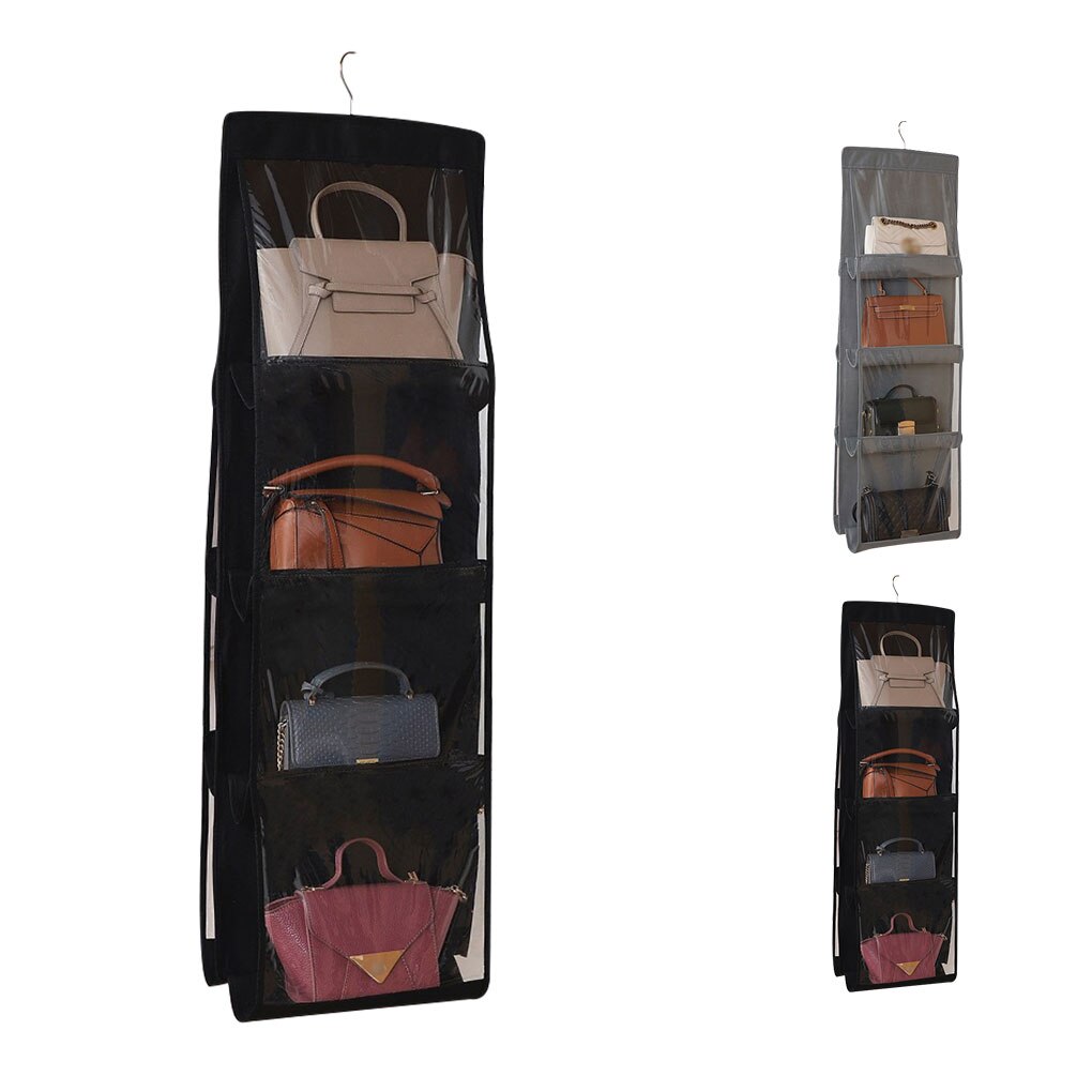 6/8Pocket Hanging Handbag Organizer for Wardrobe Closet Transparent Storage Bag Non-woven Storage Holder PVC with Closet Hanger: 8 Pocket Black