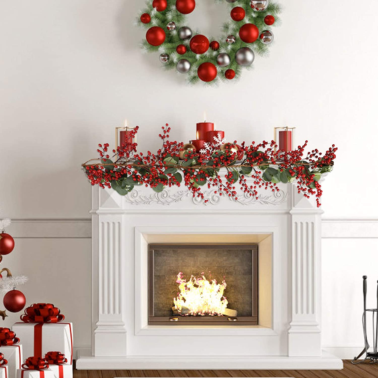 5.9Ft Christmas Red Berry Garland Flexible Artificial Burgundy Red Pip Christmas Garland Home Decoration Year Decor