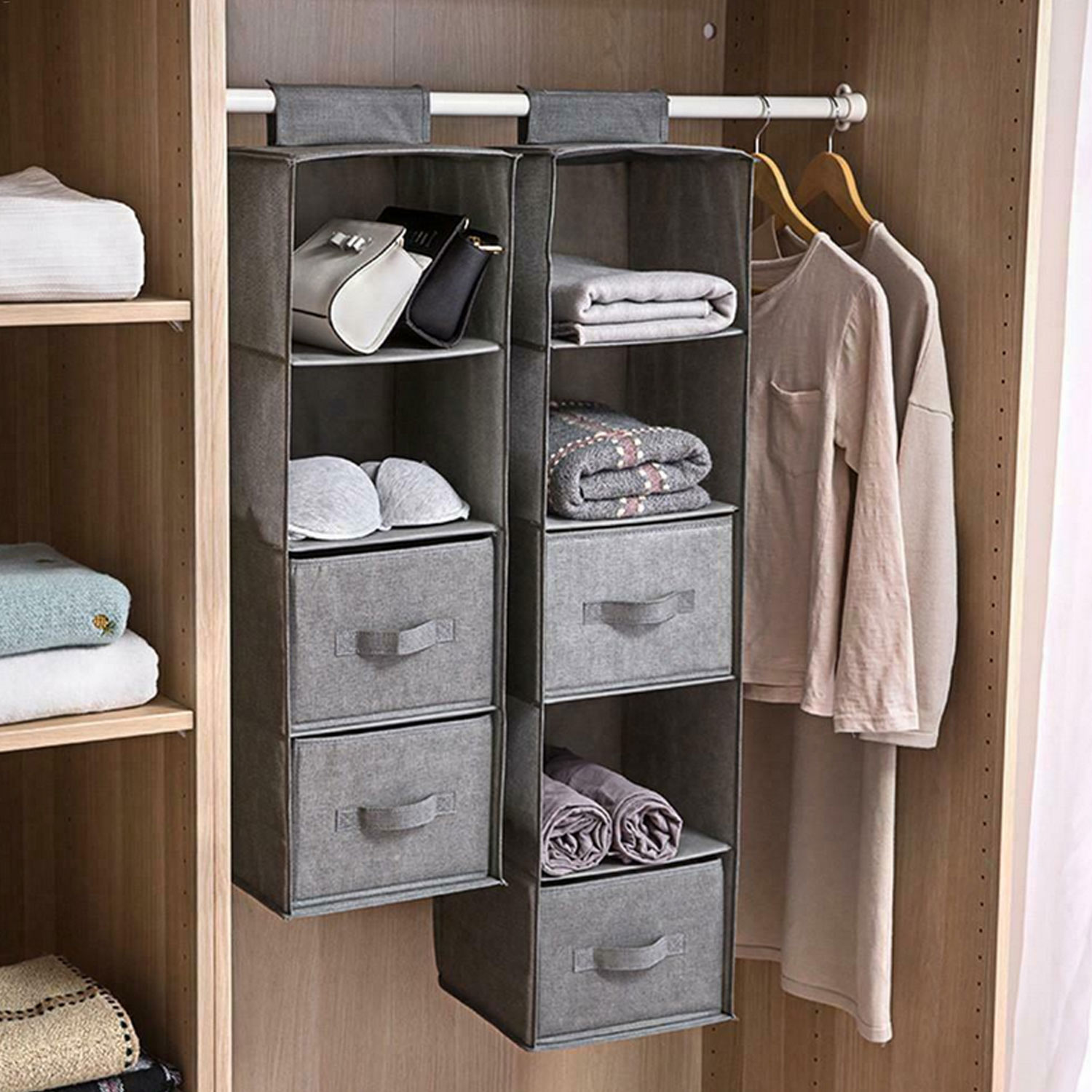 3 4 5 Layers Washable Closet Organizer Wardrobe Cloth Shelves Hanging Rack Storage Bags with Hook and Loops for Clothes Socks