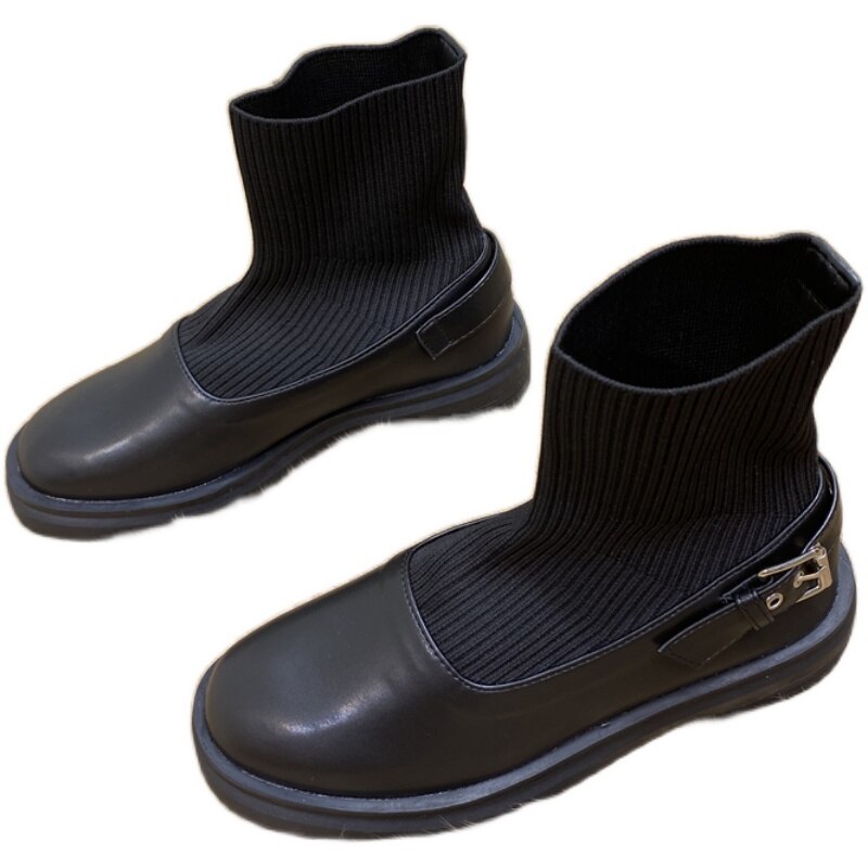 DEAT printemps automne décontracté noir élastique court à semelles épaisses chaussettes en cuir unique chaussures femmes SF388