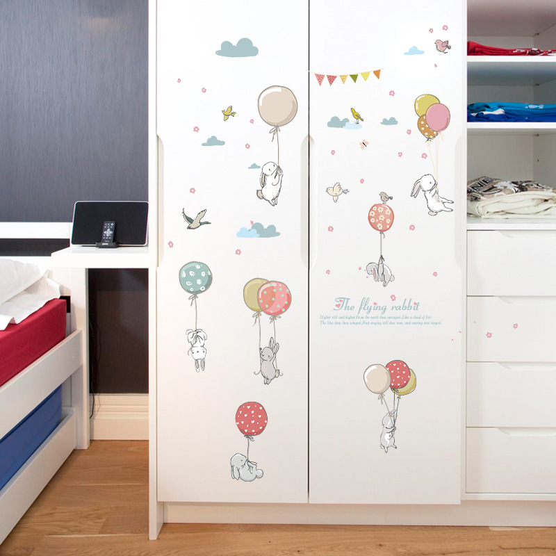 Cartoon Ballon konijn Muur Sticker voor kinderen kamers Nachtkastje kledingkast behang decoratie Muurschilderingen Decals nursery stickers