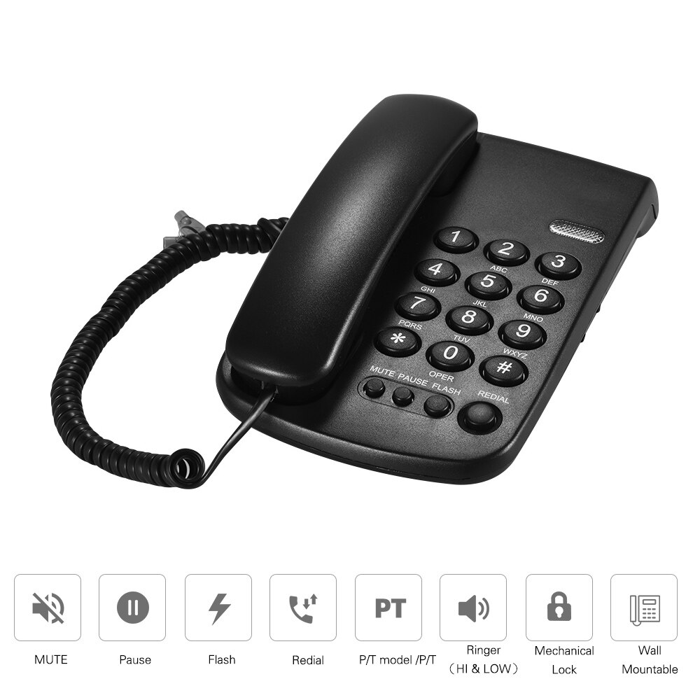 Portable Corded Telephone Phone Pause/ Redial/ Flash/ Mute Mechanical Lock Wall Mountable Base Handset for House Home