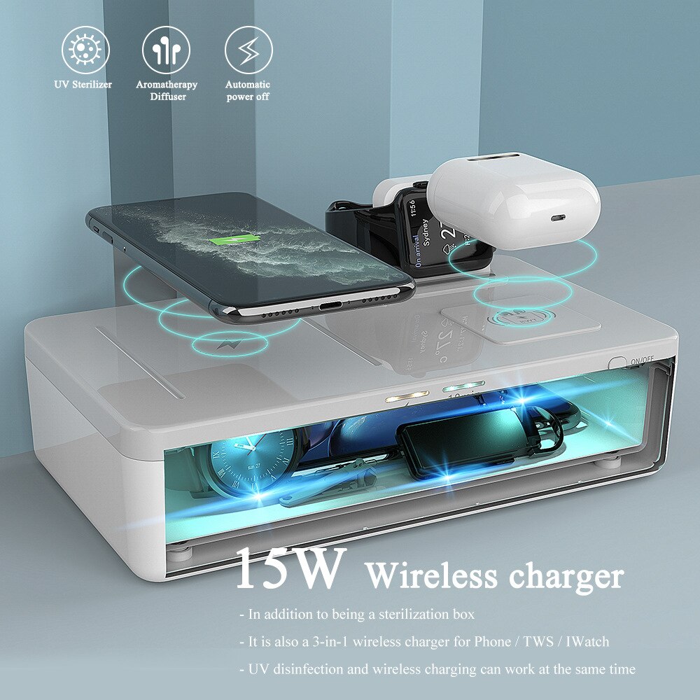 Three in one 15W fast charging Wireless charger UV disinfection box multifunctional disinfection box