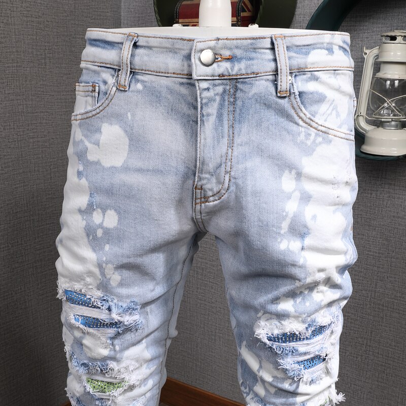 American Streetwear Men Jeans Slim Fit Ripped Jeans Men Light Blue ...