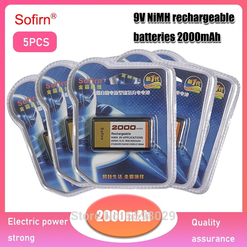 Sofirn 2000mAh 9 Volt Ni-MH Rechargeable Battery 9V Ni-MH Battery for RC Helicopter Model Microphone Toy 9V Nimh Batteries: 5PCS
