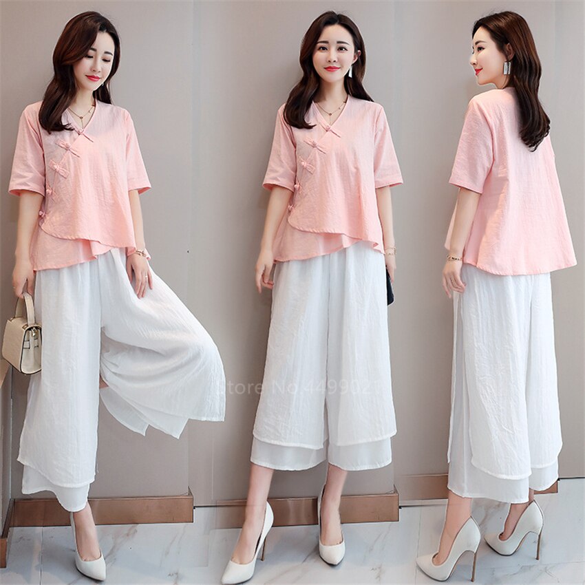 Summer Women Chinese Tai Chi Uniform Traditional Retro Casual Yoga Zen Short Sleeve Woman Blouse Trousers Solid Hanfu Tea Set