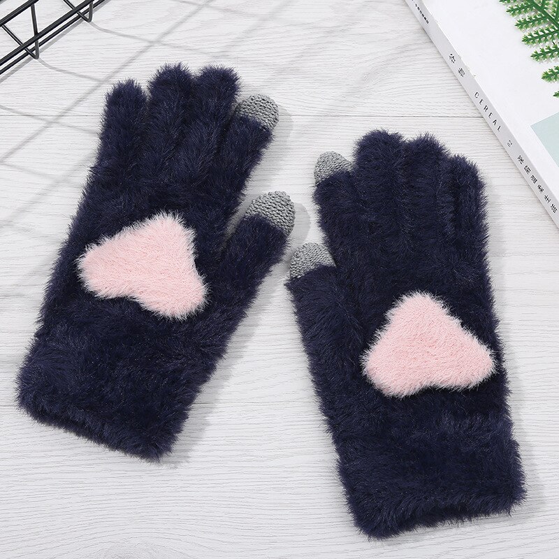 Vrouwen Roze Handschoenen Fluffy Pluche Handschoenen Winter Volledige Finger Handschoenen Liefde Hart Dikke Wanten Meisjes Warm Touchscreen Handschoen: Marineblauw