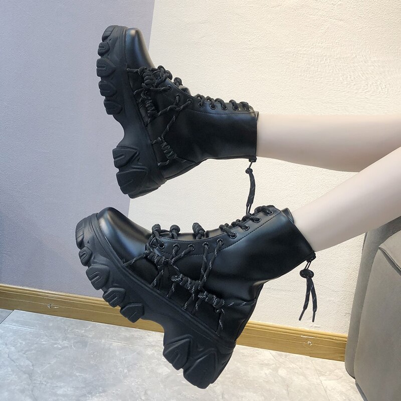 Black Punk Style Platform Women Ankle Boots Cross Strap Chunky Heels Boots Woman Waterproof Pu Leather Shoes