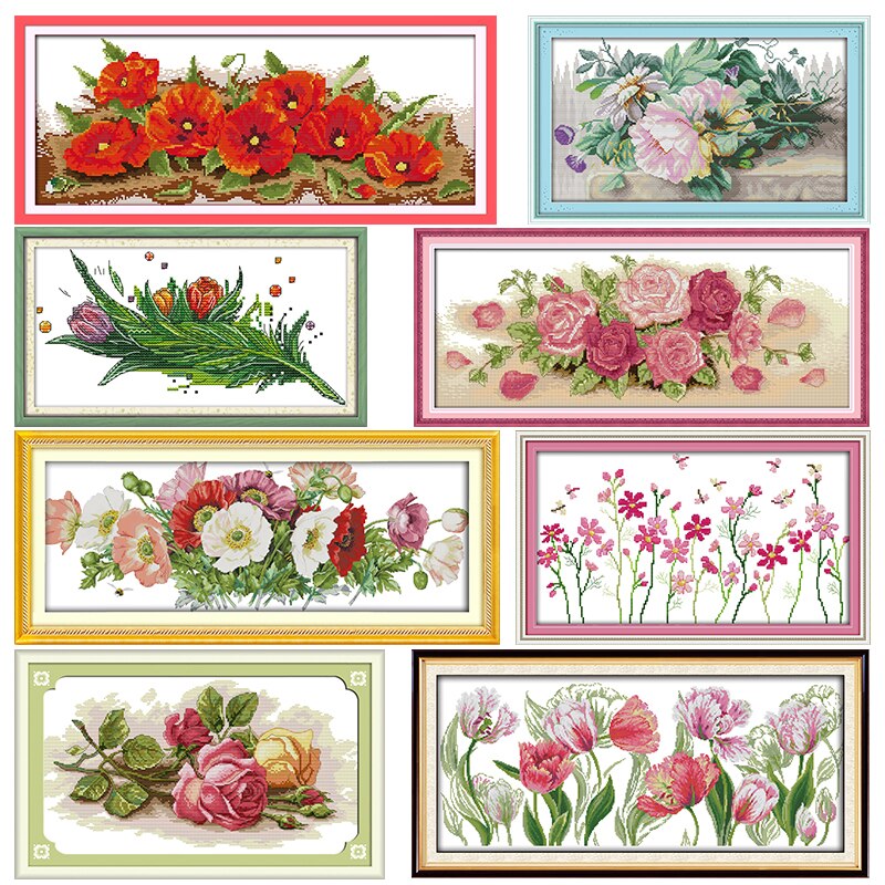 Bloemen Gestempeld Borduurpakketten Vreugde Zondag Kleurrijke Rose Gedrukt 11CT 14CT Telpatroon Borduurwerk Handwerken Sets