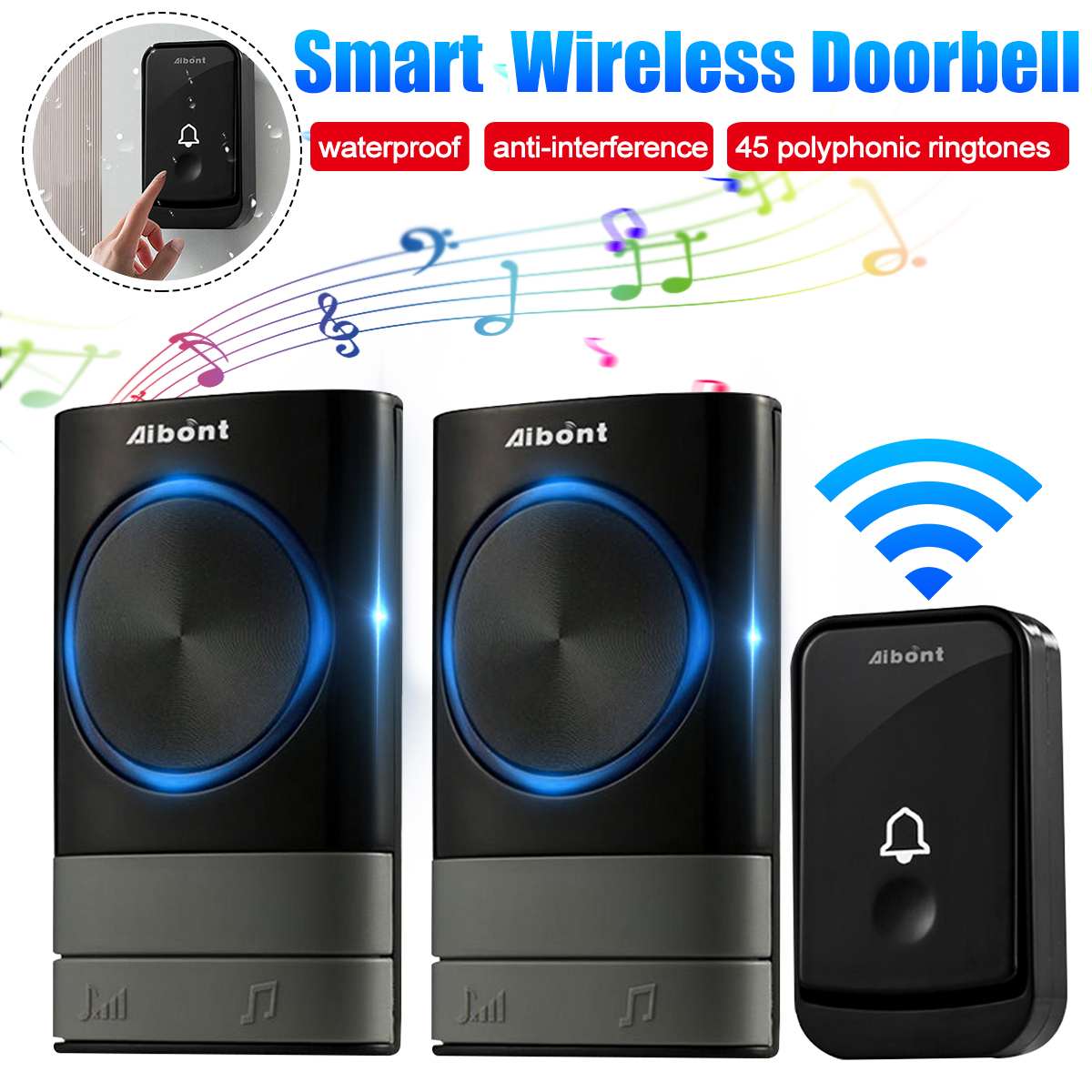Wireless Doorbell Waterproof 200M Remote Intelligent Bell Chime Smart Door Bell Battery 2 Receiver 45 Songs Calling Bell