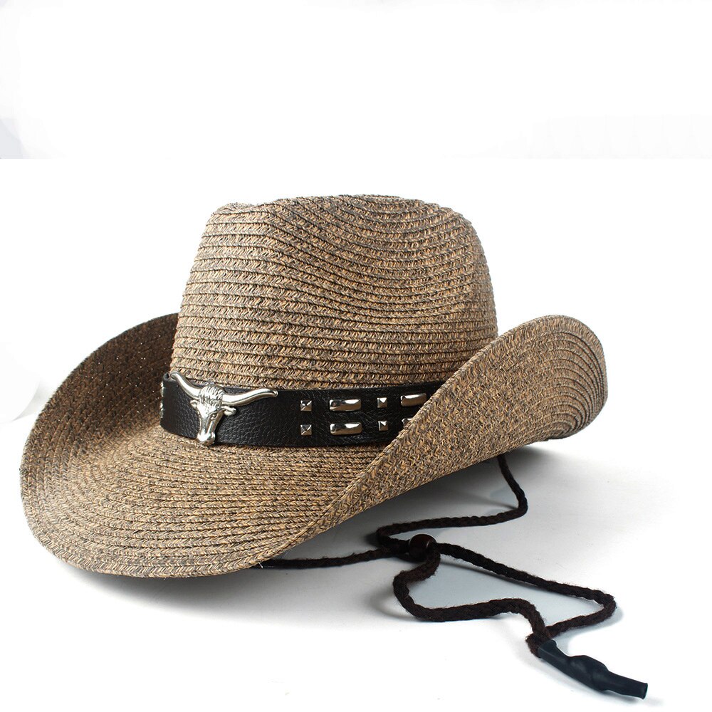 Dames heren holle strand sombrero man western cowboyhoed dame vader stro panama cowgirl jazz zonnepet maat 56-58cm: Koffie 12