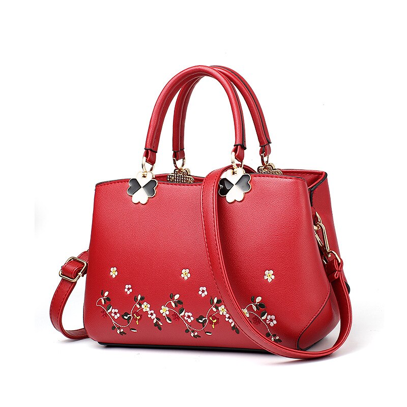 Women Bag Women Leather Handbag Women Shoulder Bag Crossbody Handbag Big Boston Flower Embroideried Rivets Chinese Style: Red