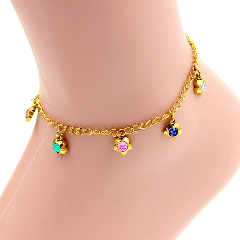 Luxukisskids Rvs Armbanden & Armbanden Bloemvorm Glanzende Kleurrijke Crystal Rhinestone Gold Armband Enkelband